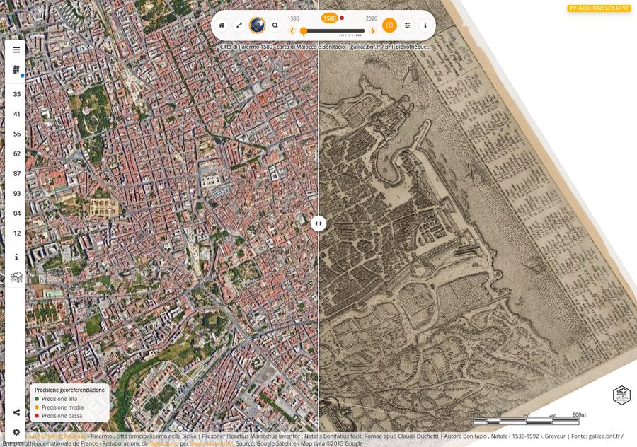 Confronto affiancato tra la mappa storica del 1580 e la mappa attuale, divise da uno slider verticale
