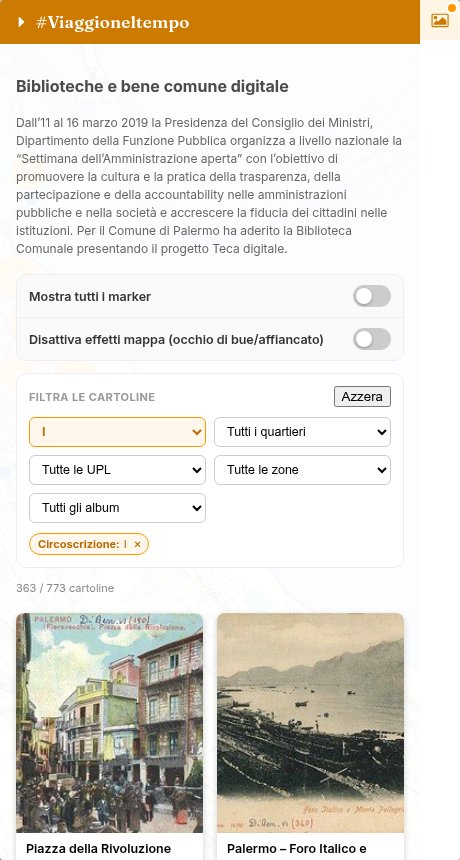 Filtro Circoscrizione attivo, con l'etichetta del filtro sotto i menu e il conteggio delle cartoline aggiornato