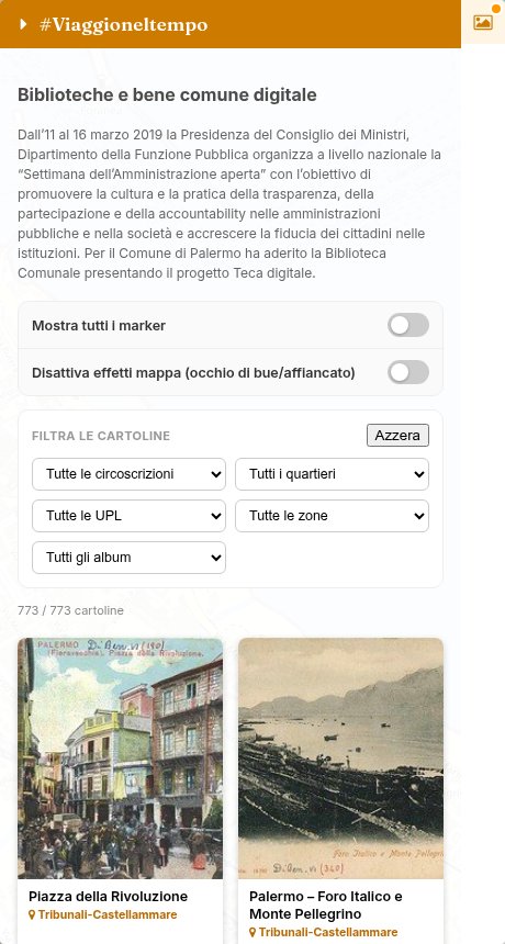 Sidebar destra con la gallery di cartoline storiche, i due interruttori e i filtri
