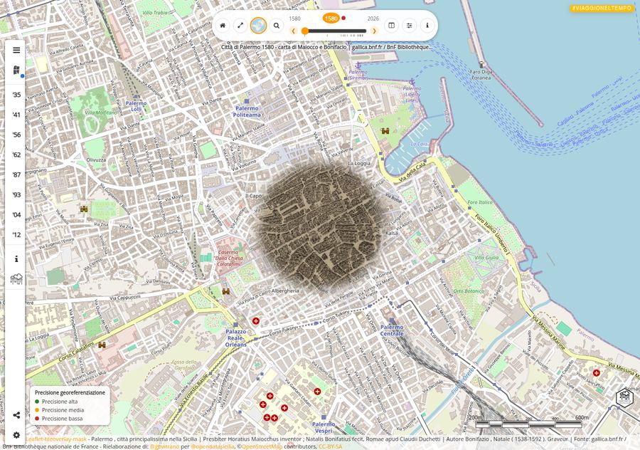 Effetto occhio di bue con la mappa storica del 1580 sovrapposta al centro storico di Palermo