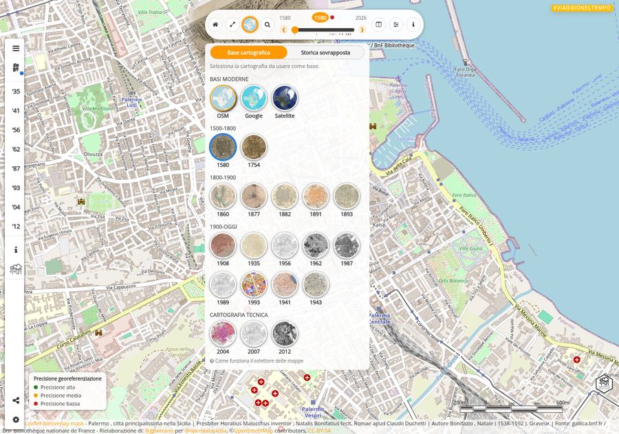 Pannello del selettore mappe con la tab Base cartografica attiva