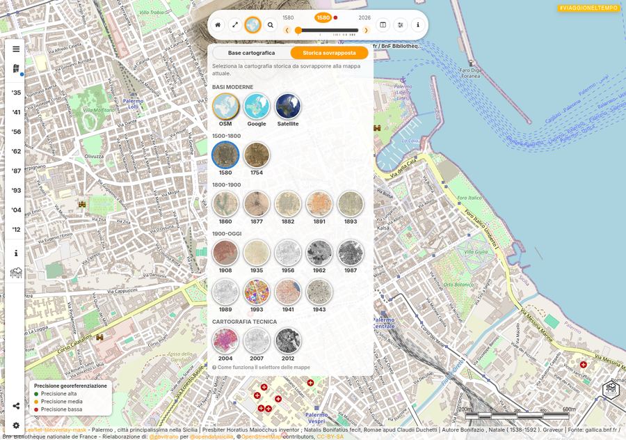 Pannello del selettore mappe con la tab Storica sovrapposta attiva