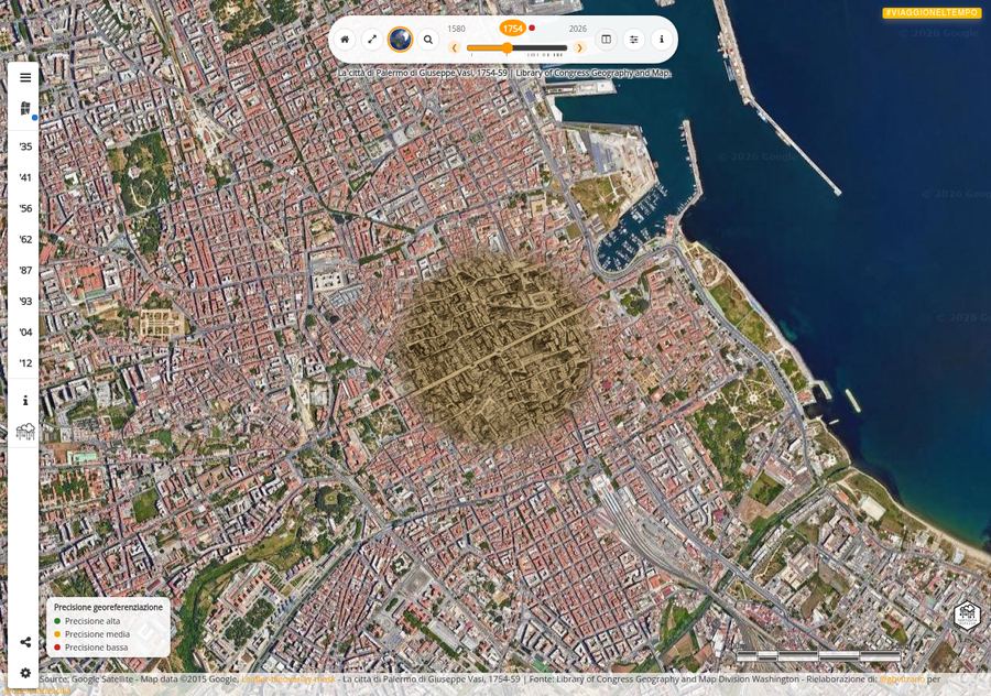 Slider temporale spostato su un anno intermedio, con la mappa storica corrispondente sovrapposta