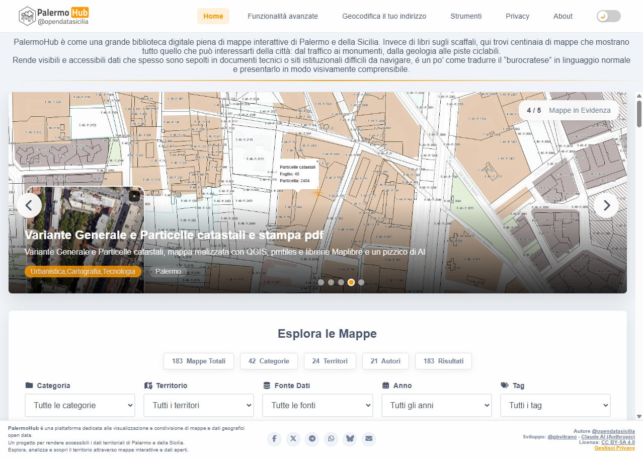 Palermo Hub è come una grande biblioteca digitale piena di mappe interattive di Palermo e della Sicilia. Invece di libri sugli scaffali, qui trovi centinaia di mappe che mostrano tutto quello che può interessarti della città: dal traffico ai monumenti, dalla geologia alle piste ciclabili.
Rende visibili e accessibili dati che spesso sono sepolti in documenti tecnici o siti istituzionali difficili da navigare, é un po’ come tradurre il “burocratese” in linguaggio normale e presentarlo in modo visivamente comprensibile.