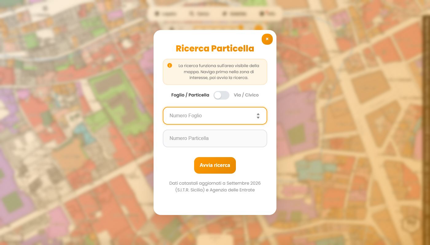 Finestra di ricerca: interruttore tra Foglio/Particella e Via/Civico