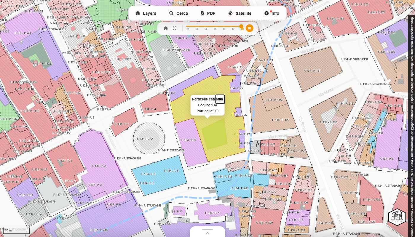 La particella trovata viene evidenziata e la mappa si centra su di essa