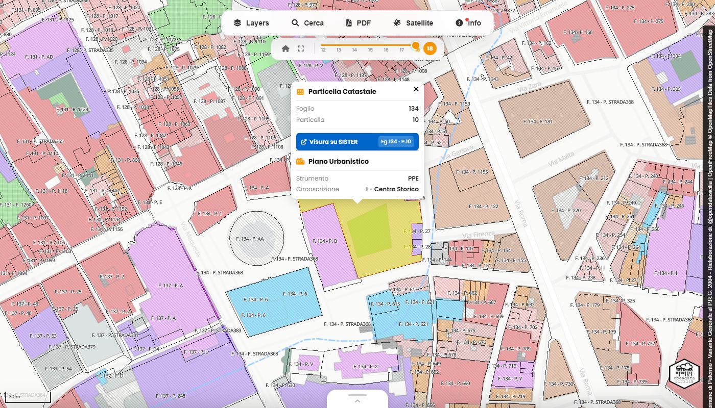 Clic su una particella: scheda con dati catastali e piano urbanistico